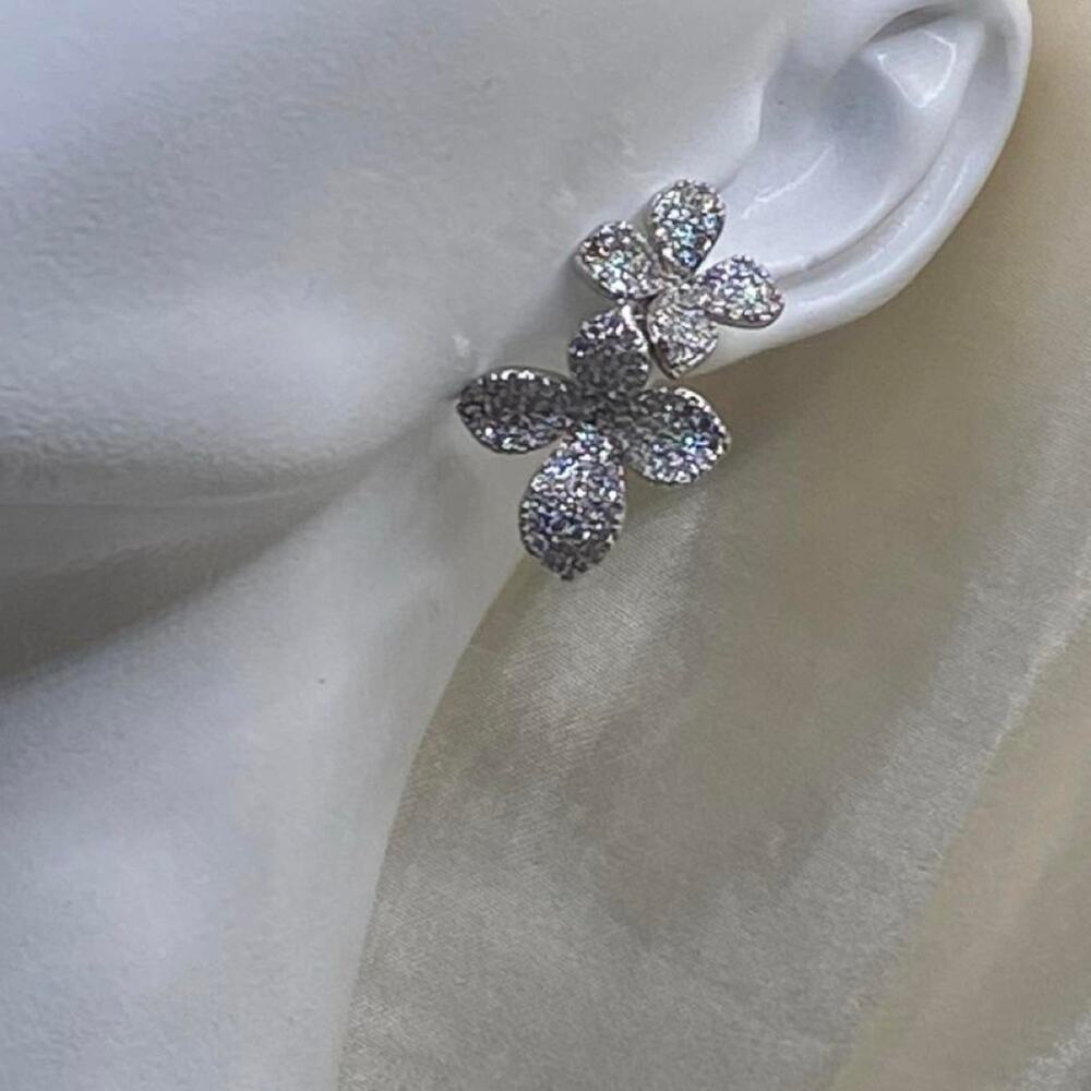 Vintage Sparkling Pavé Crystal Double Flower Articulated Dangle Earrings Silver